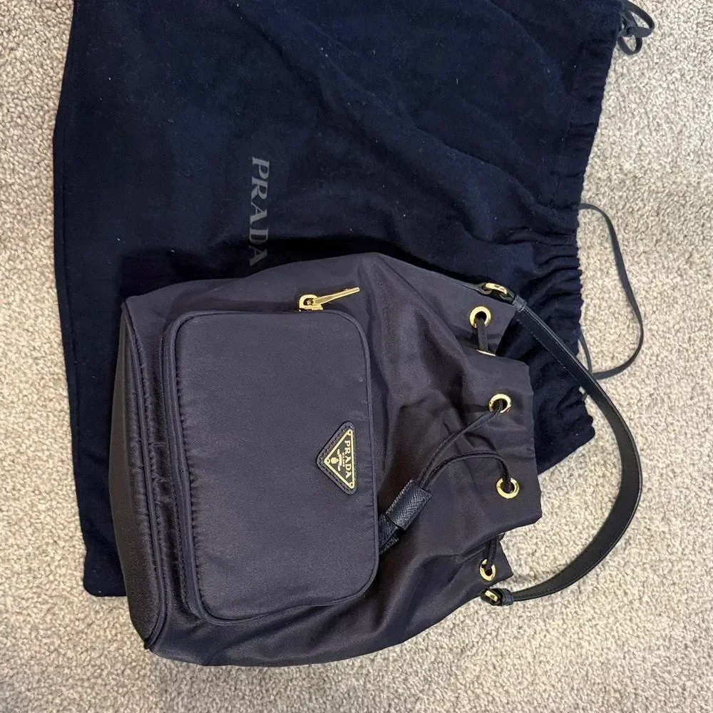 Prada Navy Blue Hobo Bag with Gold Accents